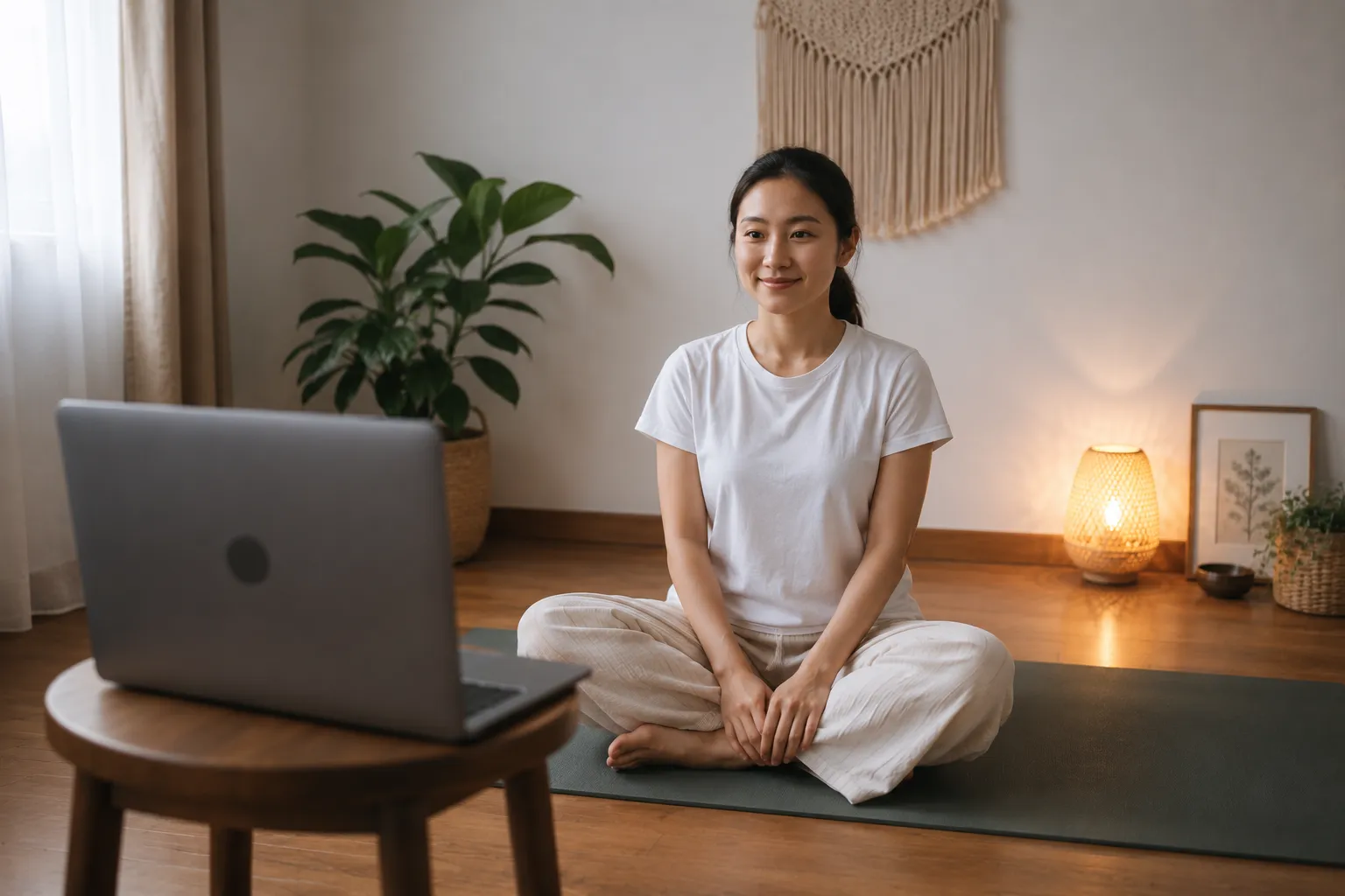 Góc tập yoga tại nhà được sắp xếp cho lớp học video trực tiếp với camera ngang tầm mắt