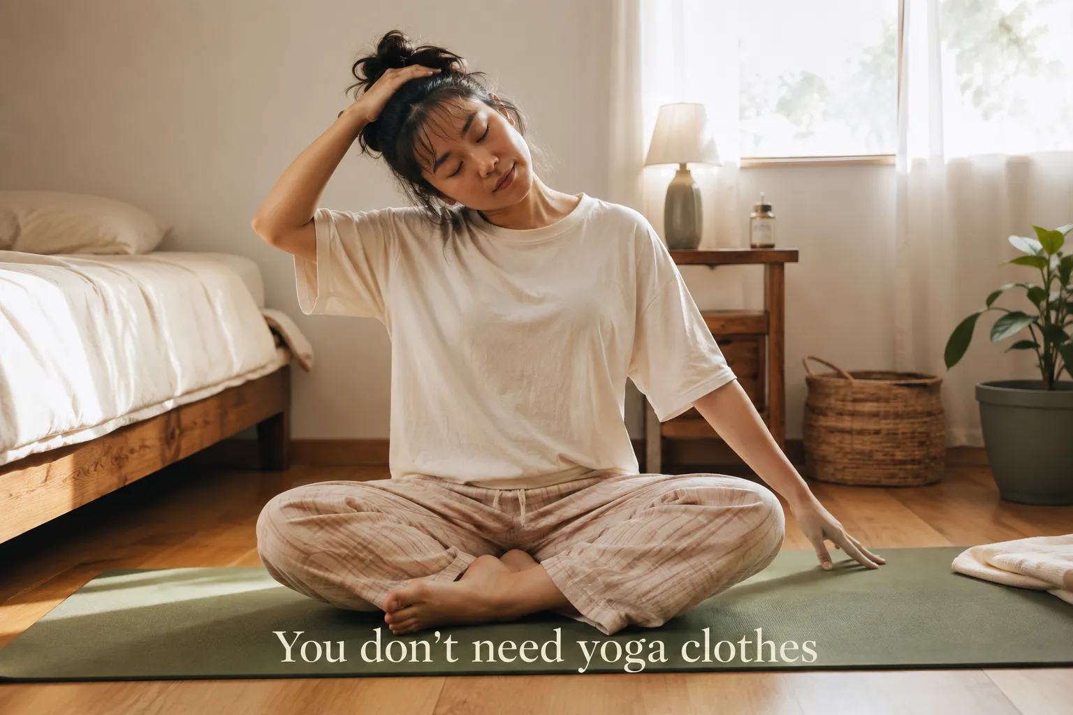 Tập yoga tại nhà trong bộ quần áo thoải mái hằng ngày