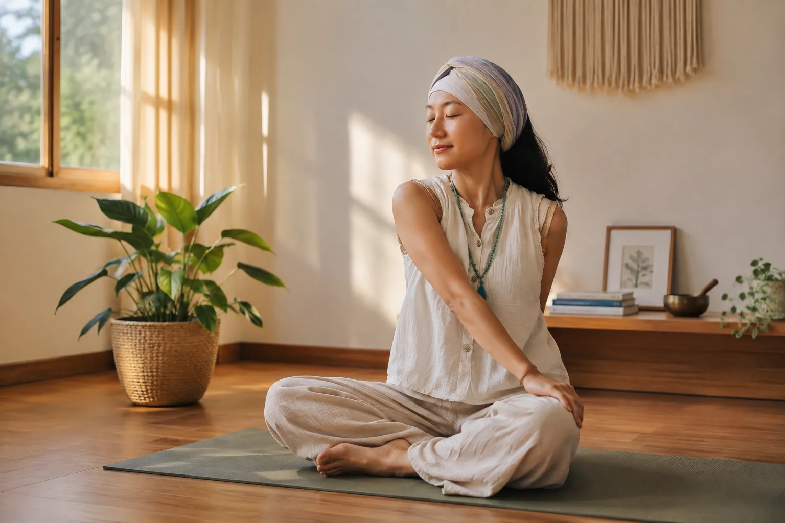 Người phụ nữ mặc trang phục lanh rộng rãi đang tập yoga ngồi tại nhà trong ánh sáng ban mai dịu nhẹ