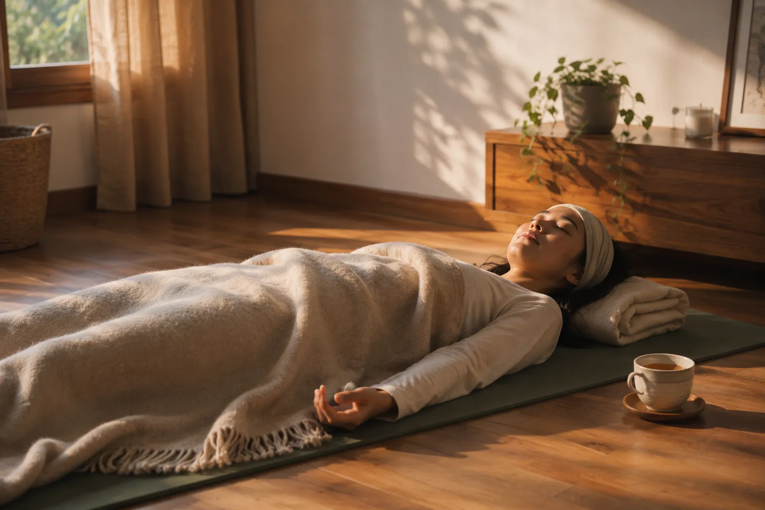 Được quấn trong chăn để thư giãn sâu sau buổi yoga