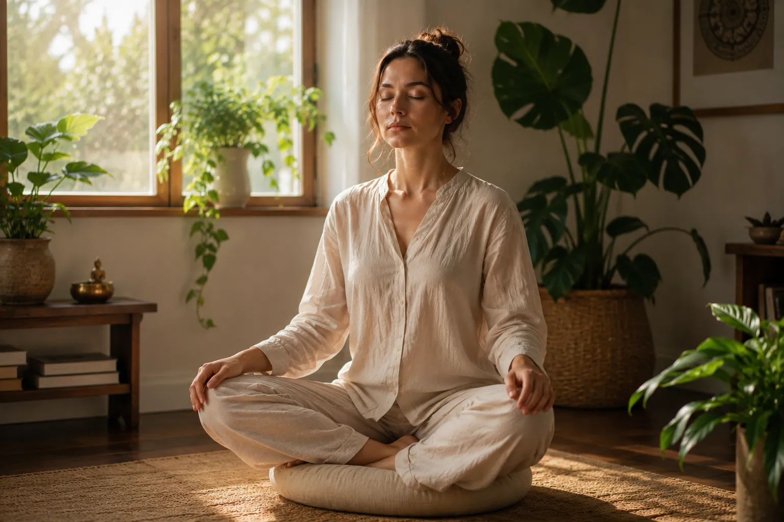 Người phụ nữ ngồi thẳng trên đệm trong một góc nhà yên bình, phía sau là cây xanh và ánh sáng ban mai, an nhiên và vững vàng
