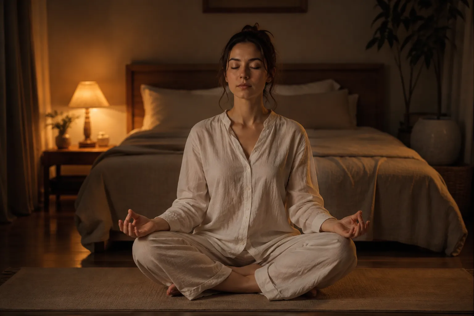 Người phụ nữ ngồi khoanh chân trong phòng ngủ mờ tối lúc đêm khuya, mắt nhắm, tay đặt nhẹ trong thế mudra bên ánh đèn ngủ dịu