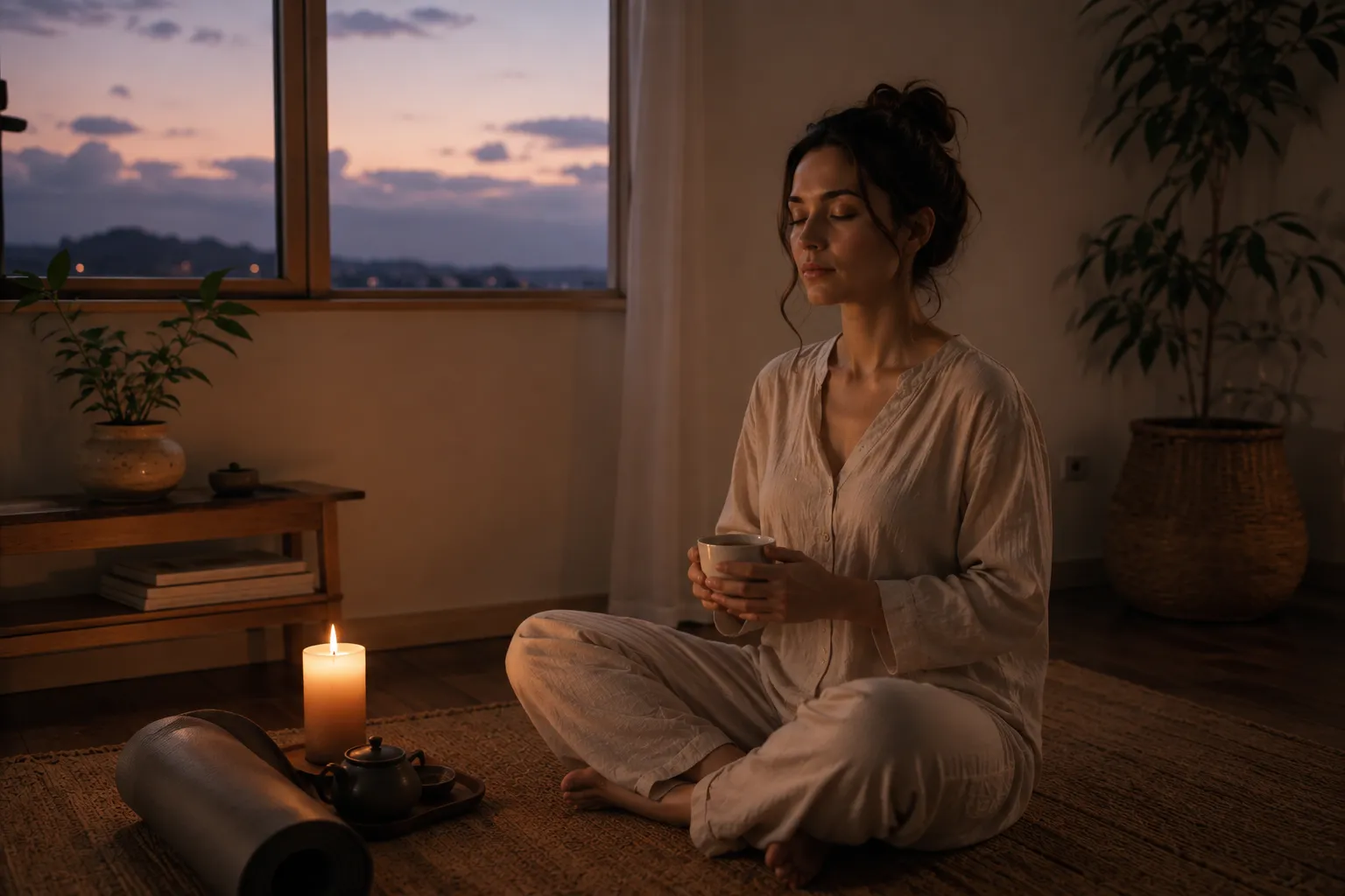 Nghi thức thư giãn buổi tối: ngọn nến và tách trà bên cạnh tấm thảm yoga cuộn lại trong căn phòng dịu tối, thanh bình